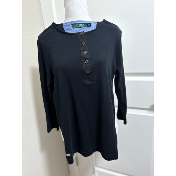 Women’s black 3/4 sleeve 1/4 button front blouse t-shirt size L Ralph Lauren - Picture 7 of 8